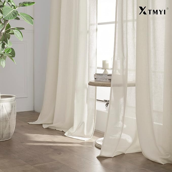 XTMYI 86 Inch Linen Curtains, Semi Sheer Light Filtering Boho Back Tab Pleated Rod Pocket Drapes for Living Room Bedroom, 40 x 86 inches Long 2 Panels Set, Cream Ivory