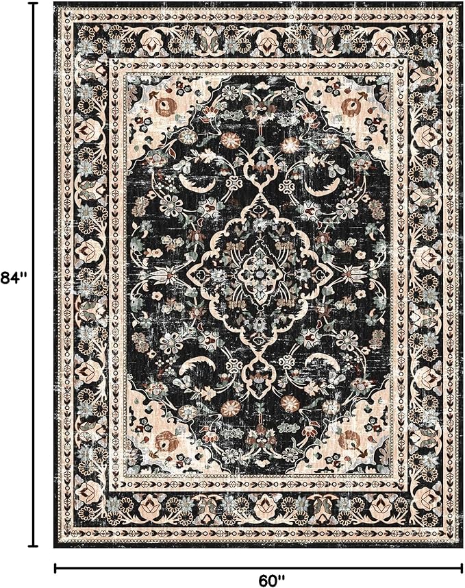 Vhong Washable Area Rugs Boho Vintage Modern Neutral Large Carpet Black and Brown 5×7 High Traffic Rugs for Dinning Room Living Room Bedroom Farmhouse Non Slip