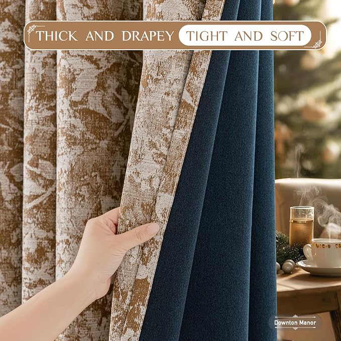 Beauoop Brown Floral Jacquard Blackout Curtains for Bedroom 52x63 2 Panels | Flower Chenille Room Darkening Drapes for Living Room 63 Inch Long Thermal Insulated Soundproof Window treatment Grommet
