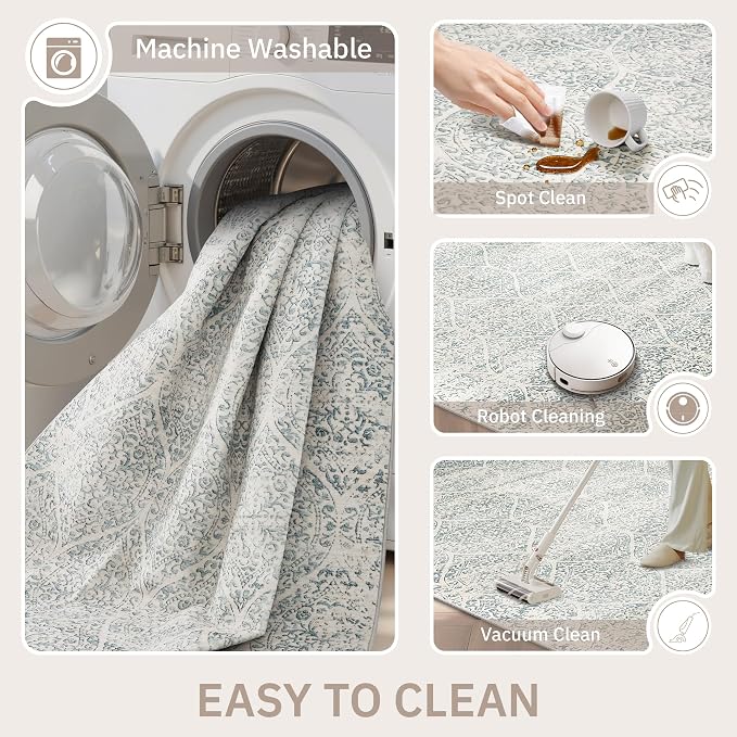 Soalmost Washable Area Rugs 4x6 for Living Room, Moroccan Trellis Soft Rug | Stain Resistant Low Pile Thin Carpet for Dining Room Bedroom Kitchen Home Office Nursery Teal Blue, 4'x6'