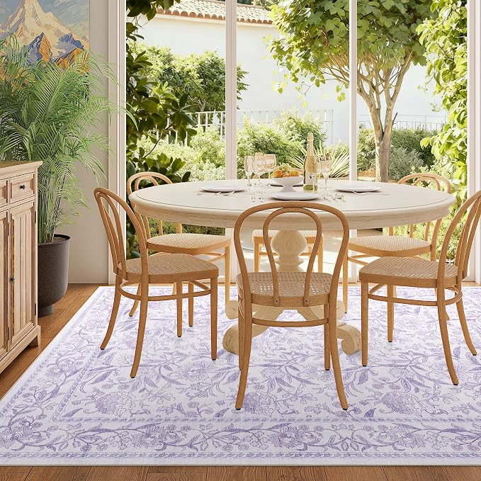 DUKINO 5x7 Area Rugs, Vintage Floral Washable Rug for Living Room, Purple | Non Slip, Low Pile, Non-Shedding, Stain Resistant Lightweight Boho Soft Carpet for Bedroom Home Office Dining Room Farmhouse