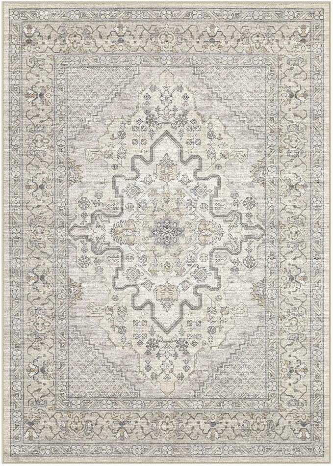 Tortania Area Rug Living Room Rugs - 5x7 Washable Boho Rug Vintage Oriental Distressed Farmhouse Large Thin Indoor Carpet for Living Room Bedroom Under Dining Table Home Office - Beige Linen