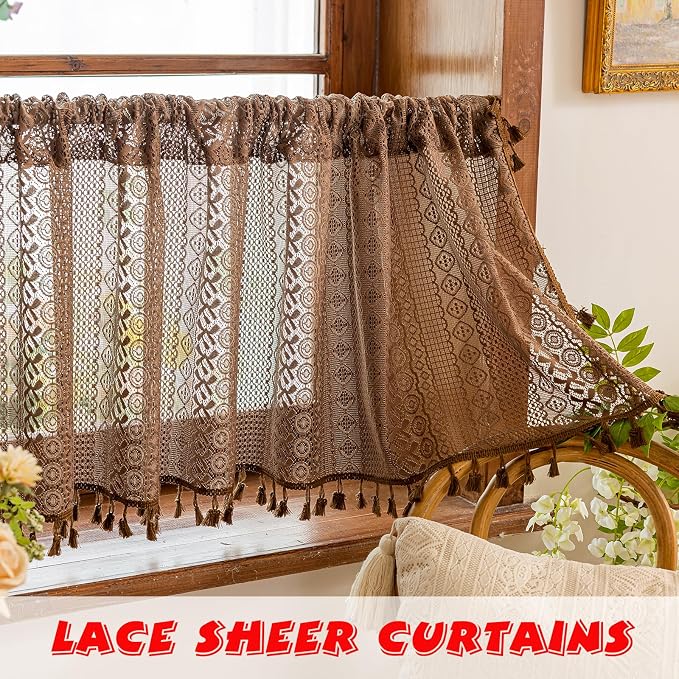Sutuo Home Boho Valance Short Curtains 2 Panels for Kitchen Cafe, Lace Sheer Curtains Closet Crochet Privacy Farmhouse Vintage Chic Tassels Caramel Macrame Decor Rod Pocket,50" W x 36" L Dark Coffee
