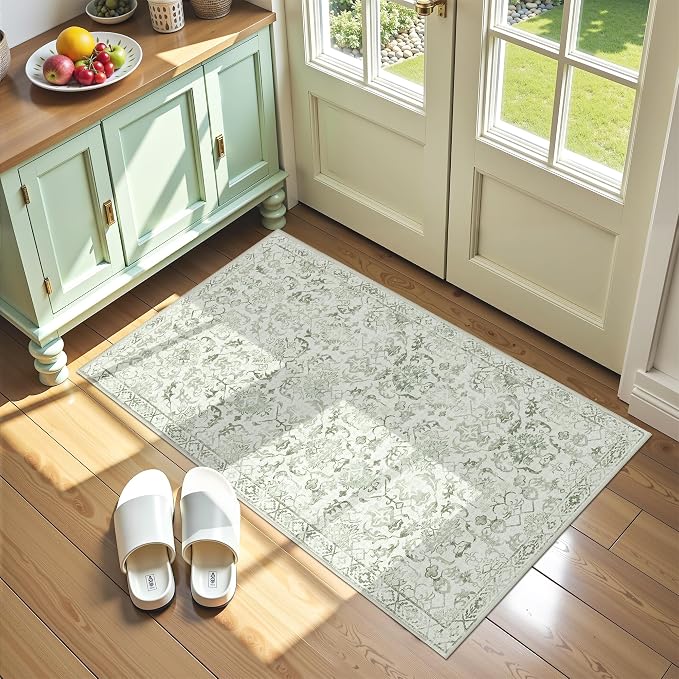 Sage Green 2x4 Runner Rug for Hallways Bed Side Kitchen, Boho Washable Distressed Low-Pile Floor Entryway Long Bathroom Mat, Non-Slip Laundry Room Washstand Front Carpet Green 24x48 Inch