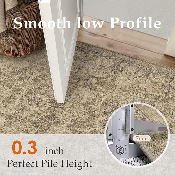 PureCozy 3x5 Brown Office Area Rug Vintage Washable Non Slip Indoor Carpet Entryway Kitchen Door Mat Distressed Low Pile Soft Retro Accent Throw Rug for Bedroom Living Room Dining Room