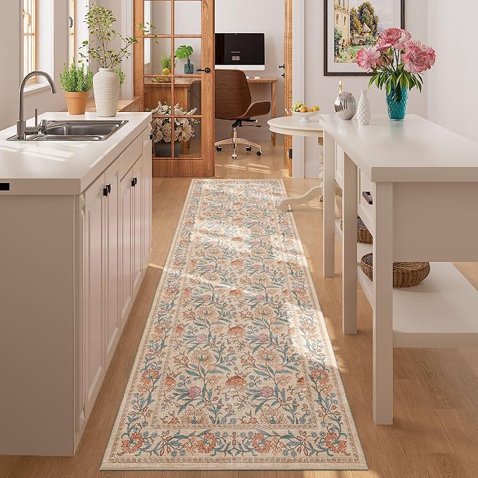 DUKINO 2x6 Runner Rug, Washable Vintage Floral Kitchen Rug, Beige | Non Slip, Low Pile, Non-Shedding, Stain Resistant Soft Carpet Runner for Hallway Bathroom Entryway Bedroom Laundry Farmhouse