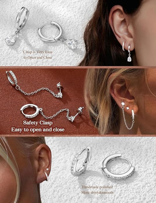 Incaton Hypoallergenic Flat Back Earrings for Women 14K Gold Stainless Steel Earrings for Sensitive Ears 20G Cartilage Earring Stacks Huggie Hoops Flatback Stud Earring Sets for Multiple Piercing Silver