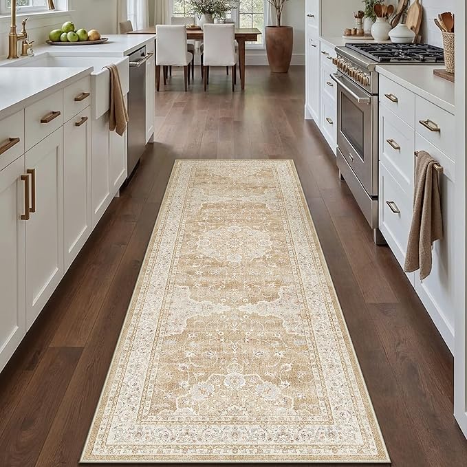 HUGEAR Hallway Runner Rugs 2x6 Machine Washable Vintage Beige Brown Throw Carpet Non Slip Stain Resistant Low Pile for Bedroom Kitchen Retro Aesthetic Modern Decor