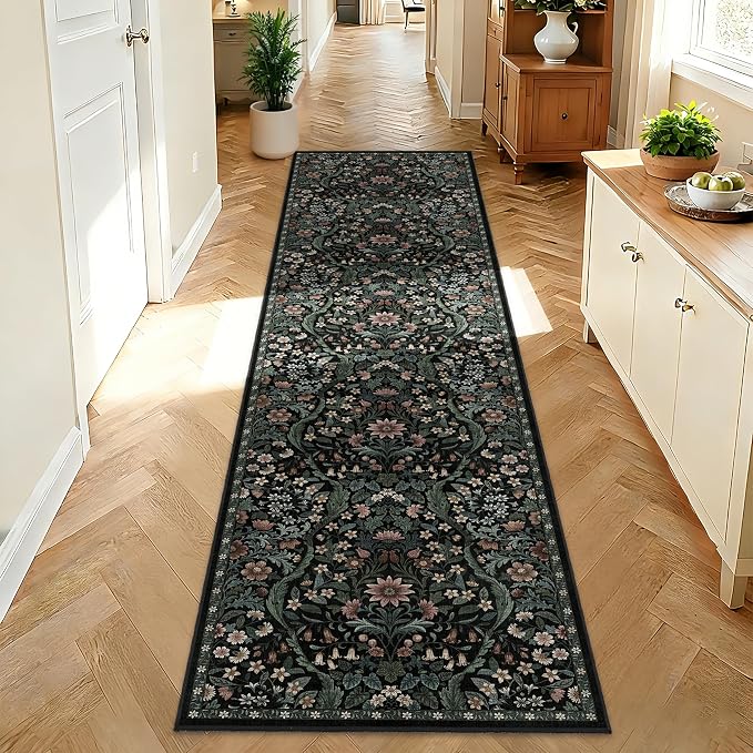 2x8 Washable Runner Rug,Black Floral Boho Area Rug for Hallway,Low-Pile Non-Slip Stain Resistant Carpet for Kitchen, Bedside,Laundry Room,Entryway