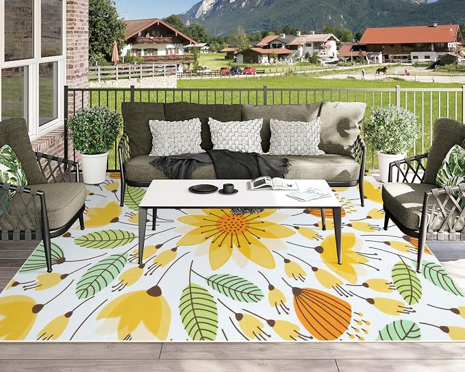 Lahome Floral Indoor Outdoor Rug 8x10, Non Slip Outdoor Patio Rug for Camping Picnic, Portable Large Outdoor Area Rug for Balcony Deck Backyard, RV Mat Outdoor Rugs for Living Room Bedroom,Yellow