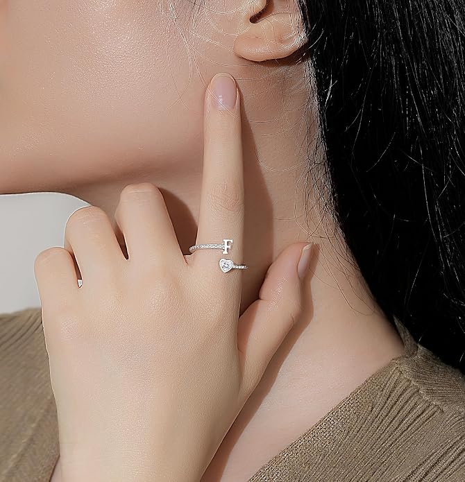 Step Forward 925 Sterling Silver Adjustable Initial Ring for Women | Non Tarnish Letter Rings for Lady | Alphabet Heart Thumb Rings | Capital Letter Jewelry Gifts
