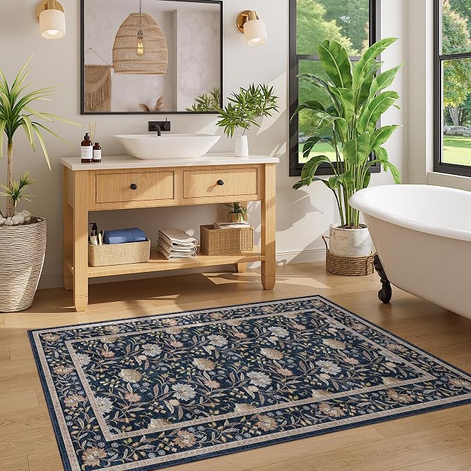 DUKINO 3x5 Rug, Washable Vintage Floral Bedroom Area Rug Non Slip Navy Blue | Low Pile, Non-Shedding, Stain Resistant Boho Lightweight Soft Indoor Carpet for Bathroom Office Dining Living Room Farmhouse