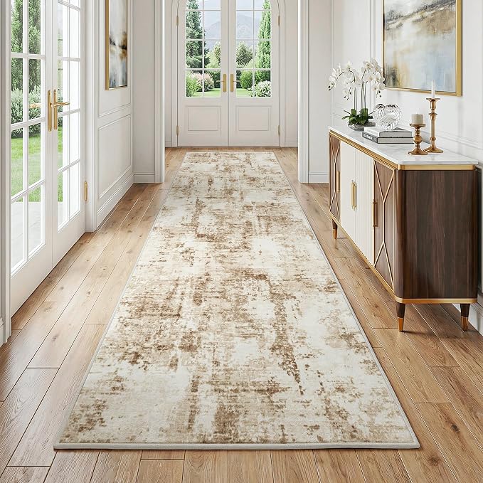 FMFUNCTEX 3x10 Runner Rug Washable Brown Beige Modern Abstract Neutral Non Slip Low Pile Entryway Hallway Soft Accent Indoor Carpet for Kitchen Bedroom Bathroom Laundry Entrance Bedside Living Room