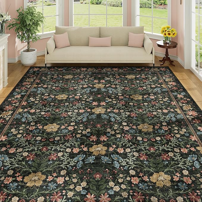 DUKINO 8x10 Area Rugs, Vintage Floral Washable Rug for Living Room, Black | Non Slip, Low Pile, Non-Shedding, Stain Resistant, Aesthetic Soft Indoor Large Carpet for Bedroom, Dining Room, Farmhouse