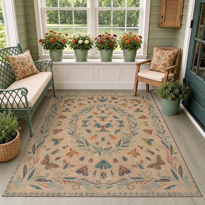 Brown Washable Area Rug for Living Room - 4x6 Large Entryway Rugs, Vintage Insect Soft Stain Resistant Carpet for Bedroom, Kitchen, Non Slip with Rubber Backing, Aesthetic Décor Indoor