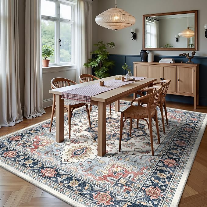 5x7 Area Rugs - Washable Rug Vintage Distress Boho Medallion Rugs for Living Room, Soft Non-Slip Backing Low Pile Carpet for Bedroom Dining Room Office Nursery Dorm Home, Blue Beige Orange