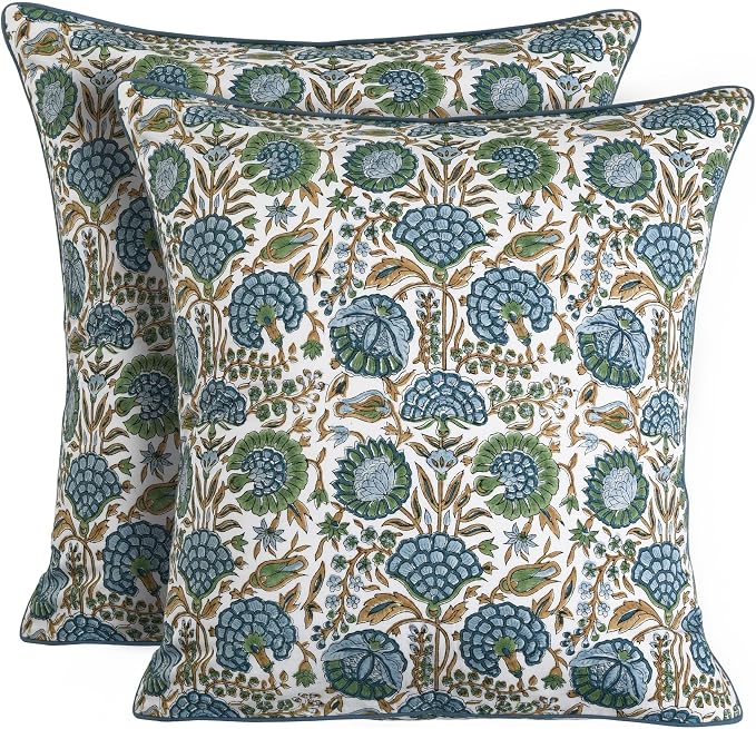 Ridhi Block Print Asparagus Green Pillow Cover 20" x 20" (Pack of 2) Decorative Couch Pillows for Living Room, Farmhouse Chic Boho Cute Outdoor Pillows Covers Gifts for Spring, Mother's Day
