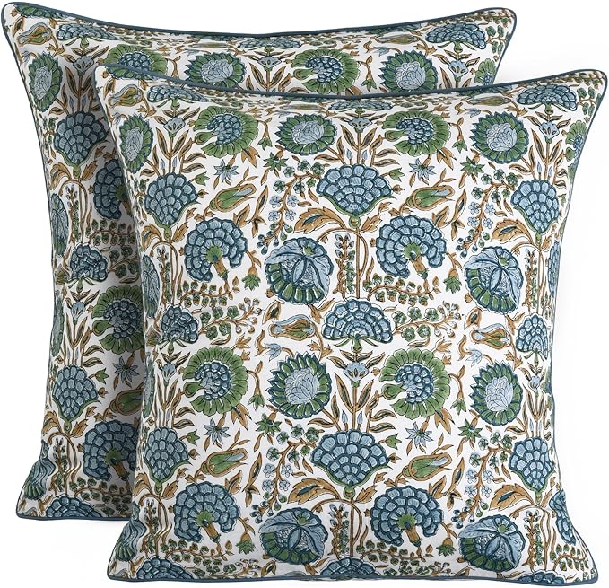 Ridhi Block Print Asparagus Green Pillow Cover 16" x 16" (Pack of 2) Decorative Couch Pillows for Living Room, Farmhouse Chic Boho Cute Outdoor Pillows Covers Gifts for Spring, Mother's Day