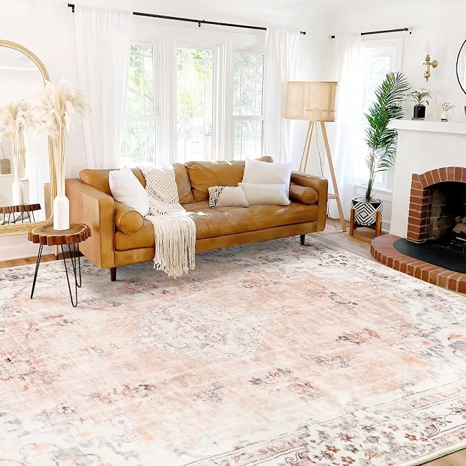 MUJOO 9x12 Area Rug Pink Washable Rug Non Slip Low-Pile Floral Large | Machine Washable Throw Carpet for Living Room Bedroom Dining Room Boho Soft Big Floor Indoor Flowers Light Blush