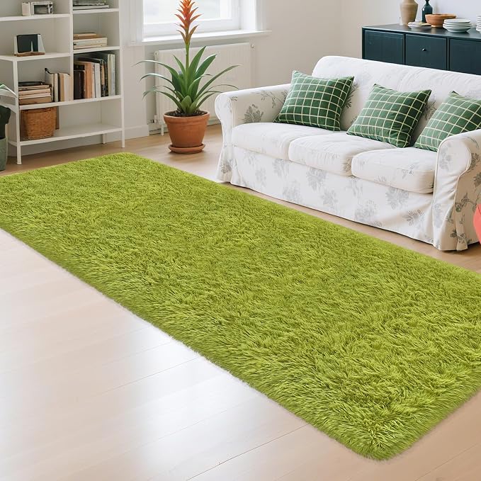 Soft Grass Green Fluffy Rug for Bedroom Living Room, 3x10 ft Fuzzy Green Shag Rug Runner Carpet for Hallways Entryway Nursery Bedside Kids Room Teen Dorm Home Decor Indoor