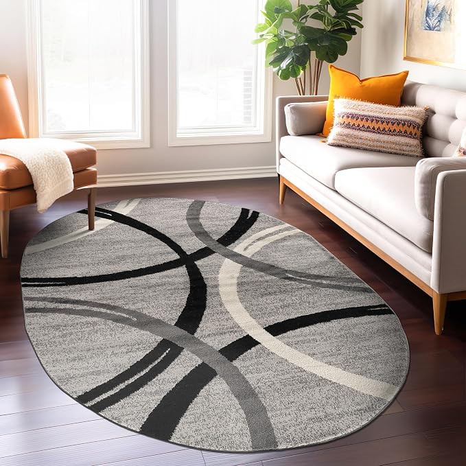 Rugshop Wavy Circles Non-Shedding Living Room Bedroom Oval Rug Gray 5' x 7'