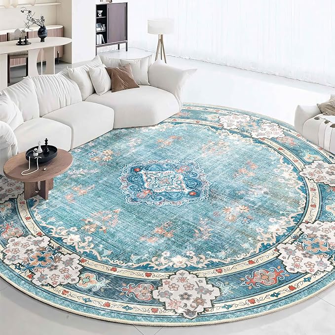 MUJOO Teal Round Rug 9ft,Circle Washable Area Rug Non Slip Floral | Large Circular Rugs for Living Room Bedroom Dining Room Boho Throw Carpet Low-Pile Soft Floor Indoor Flowers Blue Colorful