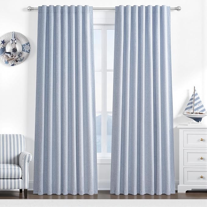 Dusty Blue Blackout Nursery Curtains 90 Inch Length for Kids/Boys Rooms/Bedroom, Floor to Ceiling Track Pleated Window Drapes with Hooks Linen Winter Thermal Coastal Light Blue(50"Wx90"Lx 2Panels)