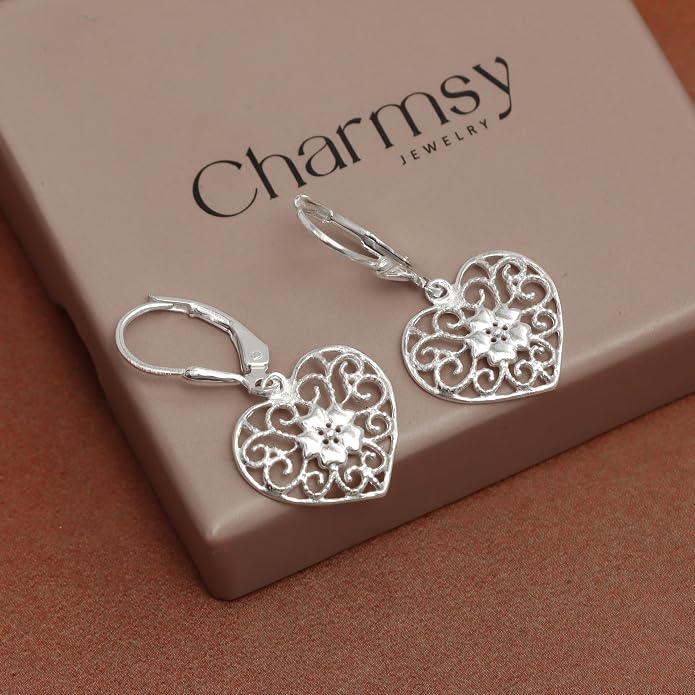 Charmsy 925 Sterling Silver Filigree Earrings for Women | Lightweight Diamond-Cut Openwork Leverback Dangle Earrings | Romantic Jewelry Gifts for Women