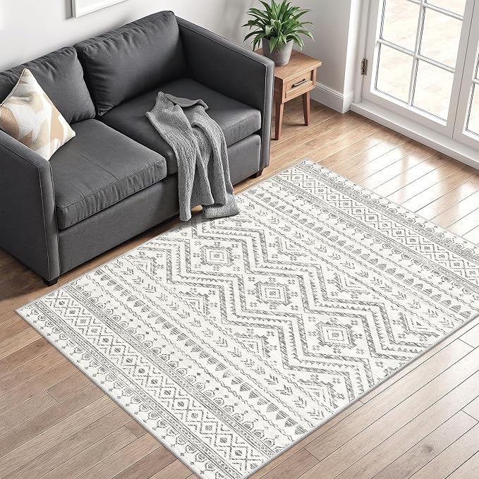 3x5 Washable Rug Moroccan Small Entryway Rug Non Slip Indoor Floor Carpet Foldable Thin Rugs for Kitchen Bedroom with Low Pile(Grey,3'x5')