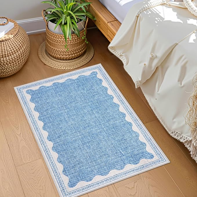 GarveeHome Door Mat Indoor Rugs for Entryway Small Throw Rug 2x3 Washable Non-Slip Solid Blue Modern Minimalism Soft Low-Pile Scalloped Carpet for Bedroom Kitchen Bath Entrance with Rubber Back