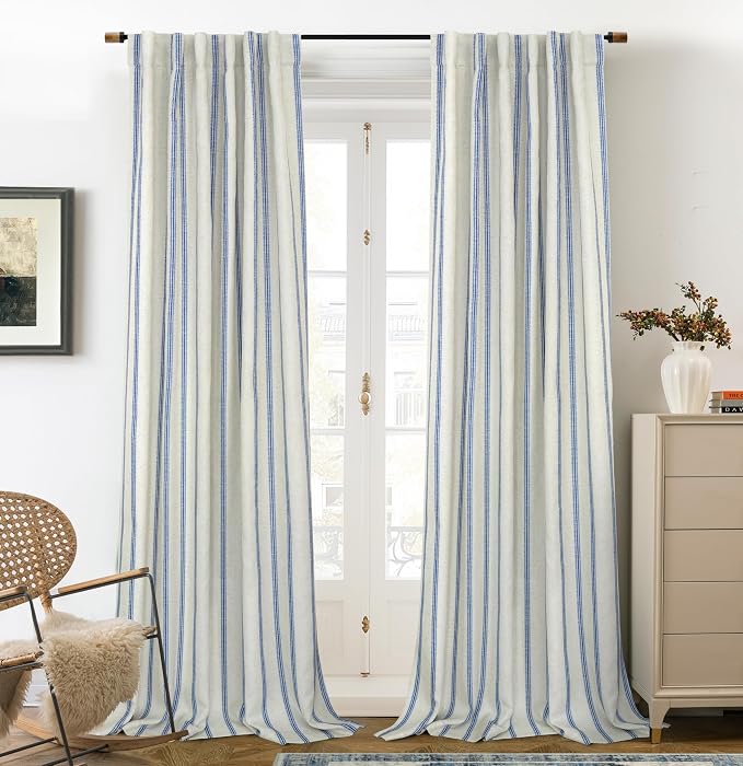 DriftAway Farmhouse Stripe Blackout Curtains, W52xL102, Navy | Blackout, Linen Texture, Stripe Pattern, Rod Pocket & Back Tab, Two Layers, Bedroom Living Room Use, Sound Reducing Design