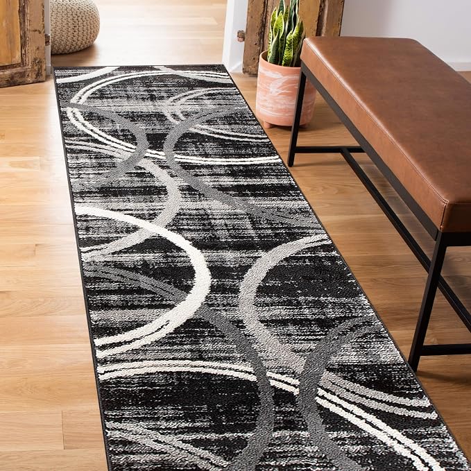 Rugshop Wavy Circles Modern Fade-Resistant Runner Rug Black 2' x 10'