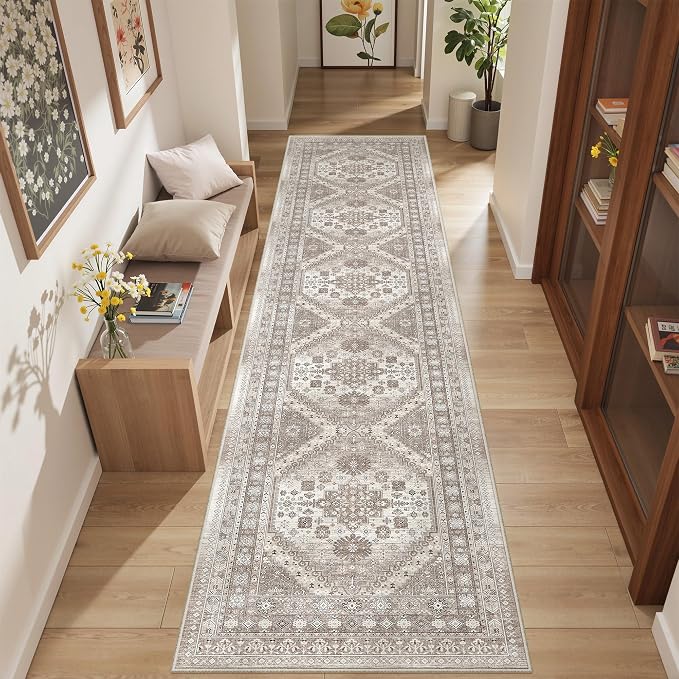 2'6" x 12'Non Slip Runner Rugs - Runners for hallways, Kitchen,Entryway,Stain Resistant Washable Rugs for Bedroom, Indoor Vintage Area Rugs (Brown/Beige,2'6" x 12')