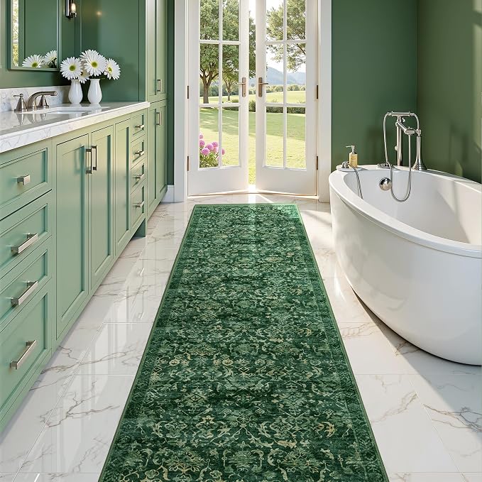 Dark Green 2x10 Runner Rug for Hallways Bed Side Kitchen, Boho Washable Distressed Low-Pile Floor Entryway Long Bathroom Mat, Non-Slip Laundry Room Washstand Front Carpet Green 24x120 Inch