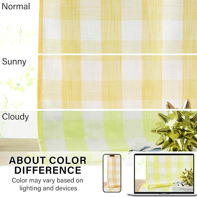 Yellow White Buffalo Plaid Semi Sheer Curtains 63 Inches Length | Farmhouse Window Treatment Bedroom Nursery Room,Short Checkered Drapes,Yarn Dyed Fabric,Rod Pocket,40"Wx63"Lx2