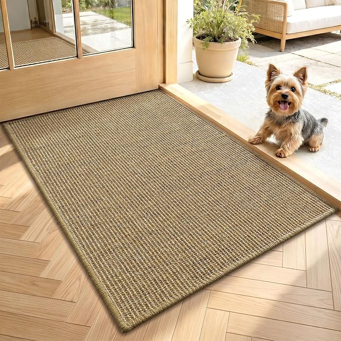 LUMI Indoor Door Mat 20"x32", Non-Slip Handwoven Sisal Rug, Solid Brown | Handcrafted Natural Sisal Fibers, Reinforced Edges Resist Fraying, 0.2" Low-Profile Doormat, Dot-Coated Non-Slip Backing