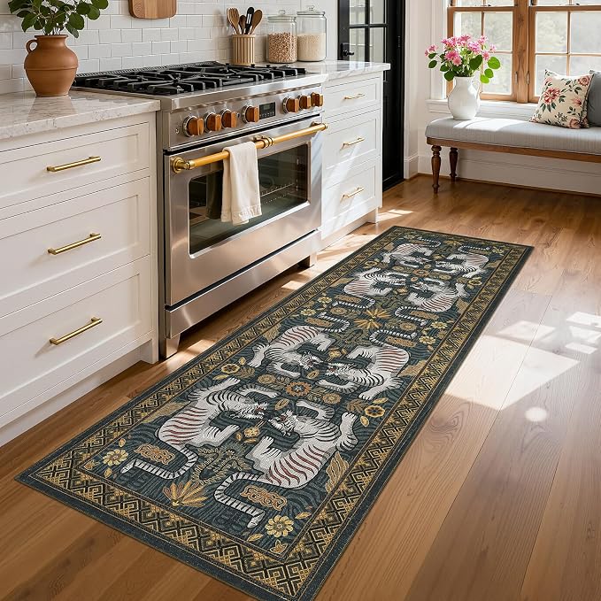 GarveeHome Tiger Print 2'x6' Washable Non Slip Runner Rugs for Hallways, Boho Blue Kitchen Runner Ultra Thin Soft Vintage Tribal Indoor Throw Floor Carpet for Entryway Bedroom Bathroom