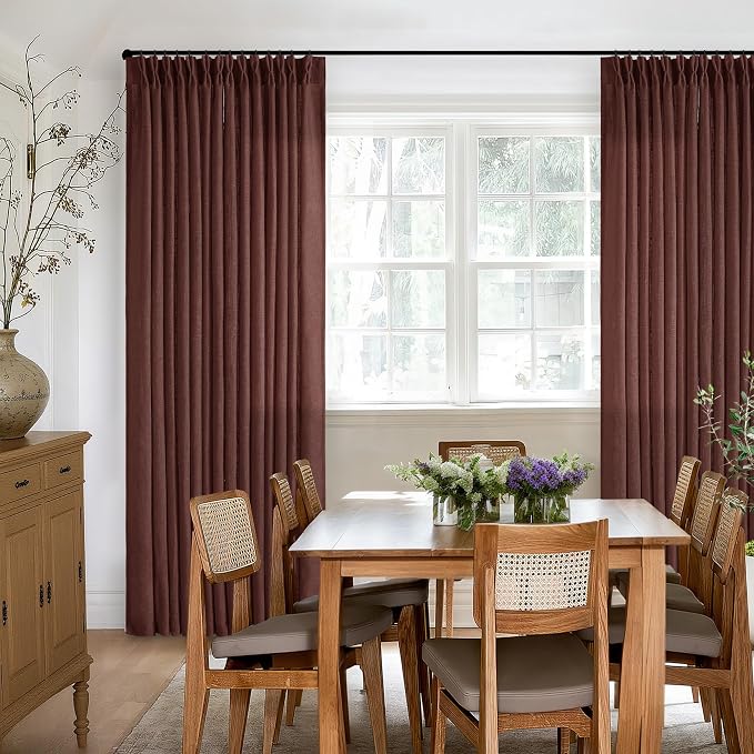 Brick Brown Pinch Pleated Linen Curtains 90 Inches Long for Living Room Bedroom 2 Panels Light Filtering Pinch Pleat Hooks Rings Back Tab Red Chestnut Country Farmhouse 90 Inch Window Curtain Drapes
