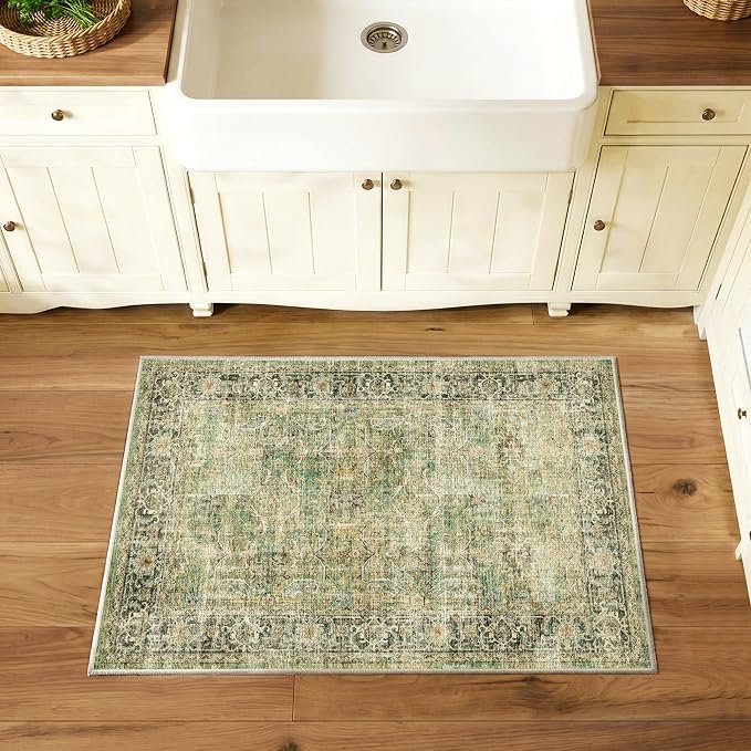 2x3 Washable Green Vintage Distressed Oriental Retro Entryway Rug | Non Slip Low Pile Oriental Soft Thin Small Carpet Throw Rugs Door Mat Retro Entry Entrance Kitchen Bedroom Bathroom Laundry