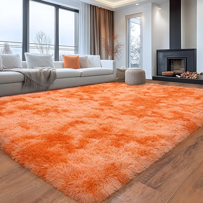 5x7 ft Rugs for Living Room, Fluffy Shag Area Rug for Bedroom | Tie-Dyed Orange, Soft and Comfy, Sage Carpet, Fuzzy Bedside Rug for Nursery, Kids Room, Girls, Boys Dorm Home Decor, Non Slip