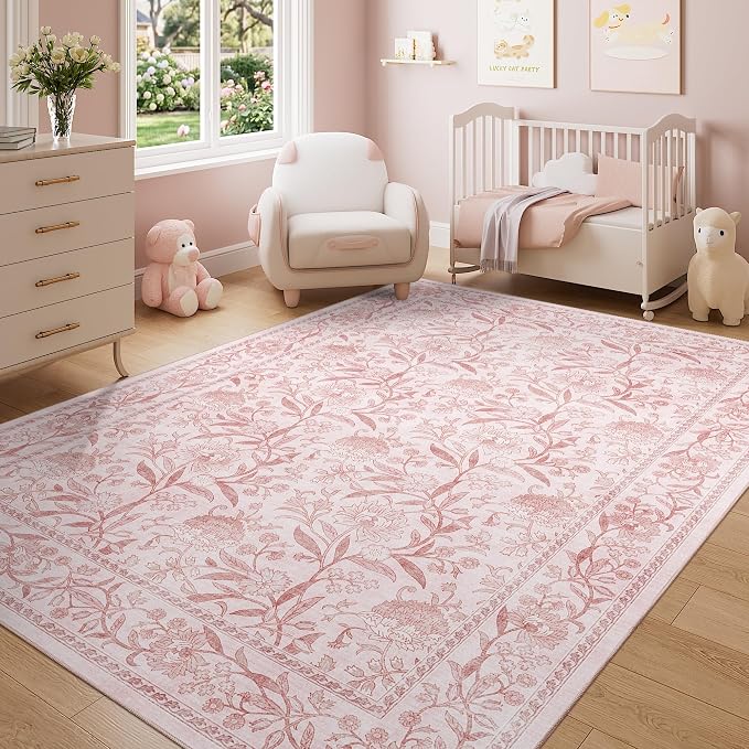 DUKINO 5x7 Area Rug, Vintage Floral Washable Rug for Living Room Light Pink | Non Slip, Low Pile, Non-Shedding, Stain Resistant Lightweight Boho Soft Carpet for Bedroom Home Office Dining Room Farmhouse