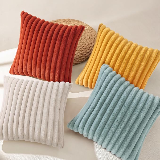 decorUhome Fall Faux Fur Throw Pillow Covers 18x18 Set of 4 Rust/Beige | Decorative Modern Farmhouse Soft Cozy Striped Pillow Cases Velvet Back for Sofa Bed Living Room Classic Accent Home Decor
