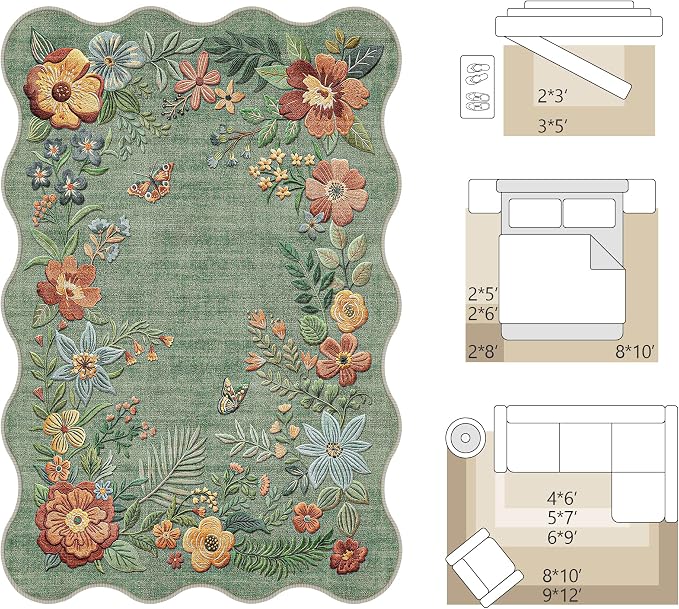 FMFUNCTEX 5x7 Washable Sage Green Floral Scalloped Area Rug for Living Room | Vintage Flower Colorful Traditional Boho Distressed Soft Non Slip Low Pile Large Cottage Indoor Carpet Dining Bedroom Nursery