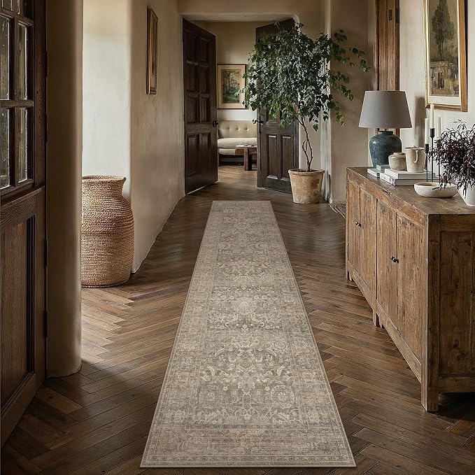 HUGEAR Hallway Runner Rugs 2x8 Light Brown Washable Rug Neutral Vintage Rug Carpet Distressed Soft Durable Non Slip No Shedding for Indoor Bedroom Kitchen Dining Nursery Laundry