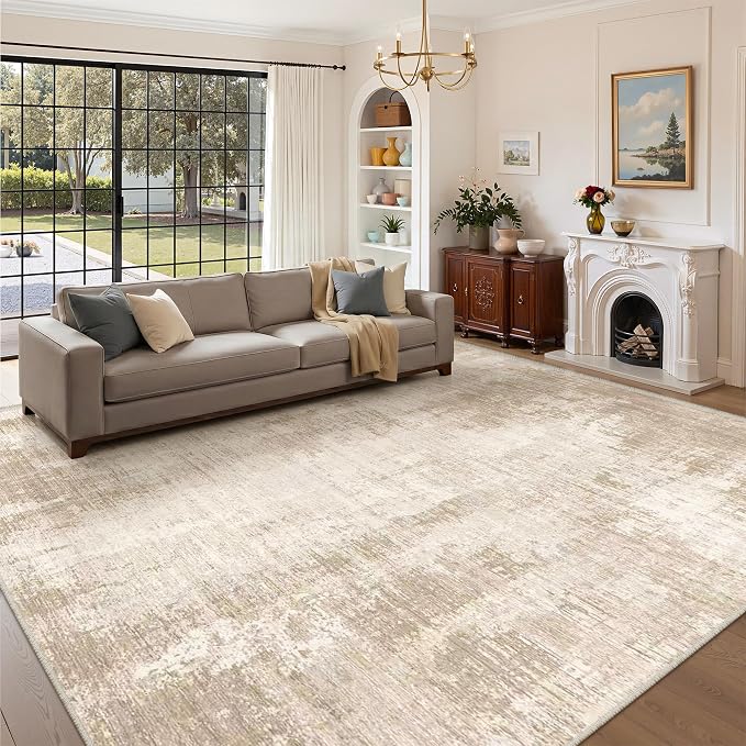Valenrug Washable Rugs 6x9 - Ultra Thin Stain Resistant 6x9 Rugs for Living Room, Non Slip Backing 0.25" Low Pile Abstract Rugs for Bedroom, Folable Machine Washable Area Rug(6'x9', Beige)