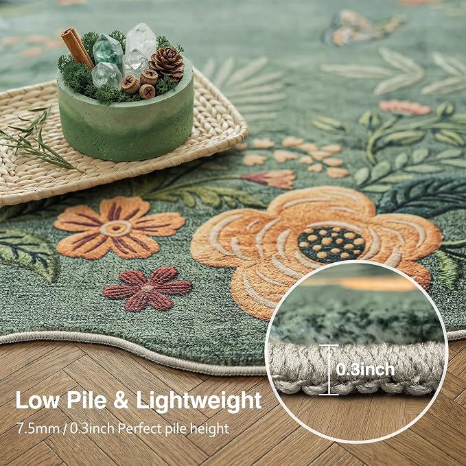 FMFUNCTEX 6x9 Washable Sage Green Floral Scalloped Area Rug for Living Room | Vintage Flower Colorful Traditional Boho Distressed Soft Non Slip Low Pile Large Cottage Indoor Carpet Dining Bedroom Nursery