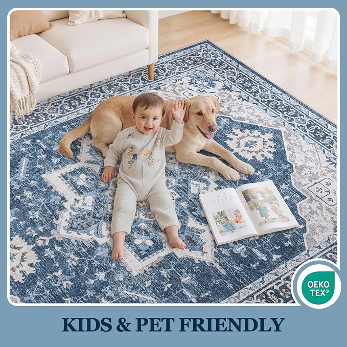 6x9 Area Rugs for Living Room:Blue Washable Vintage Medallion Boho Rug Non-Slip No Slip Stain Resistant Soft Low Pile Large Rugs Indoor Retro Carpet for Bedroom Nursery Dining Office (Blue 6'x9')