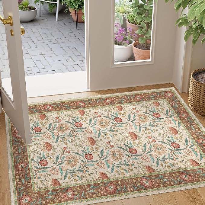 DUKINO 2x3 Rug, Washable Vintage Floral Bathroom Rugs Non Slip, Brown | Low Pile, Stain Resistant Boho Soft Indoor Door Mat, Small Front Door Carpet for Entryway Kitchen Laundry Bedroom Farmhouse