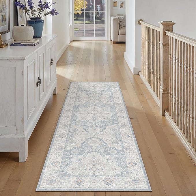 HUGEAR Blue 2x6 Runner Rug Washable Vintage Indoor Carpet | Hallway Runner Rug,Bedroom,Kitchen,Laundry,Non Shedding,Non Slip,Low Pile,Soft