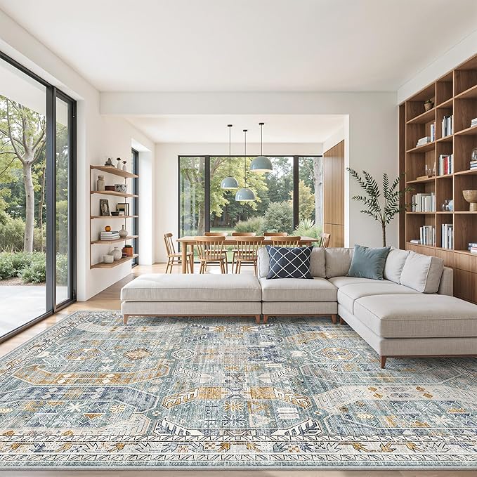 befbee 9x12 Area Rug,Ultra-Thin Washable Rugs for Living Room,Non-Slip Lightweight Foldable Area Rug,Stain Resistant Vintage Large Rugs (Blue/Gold,9'x12')